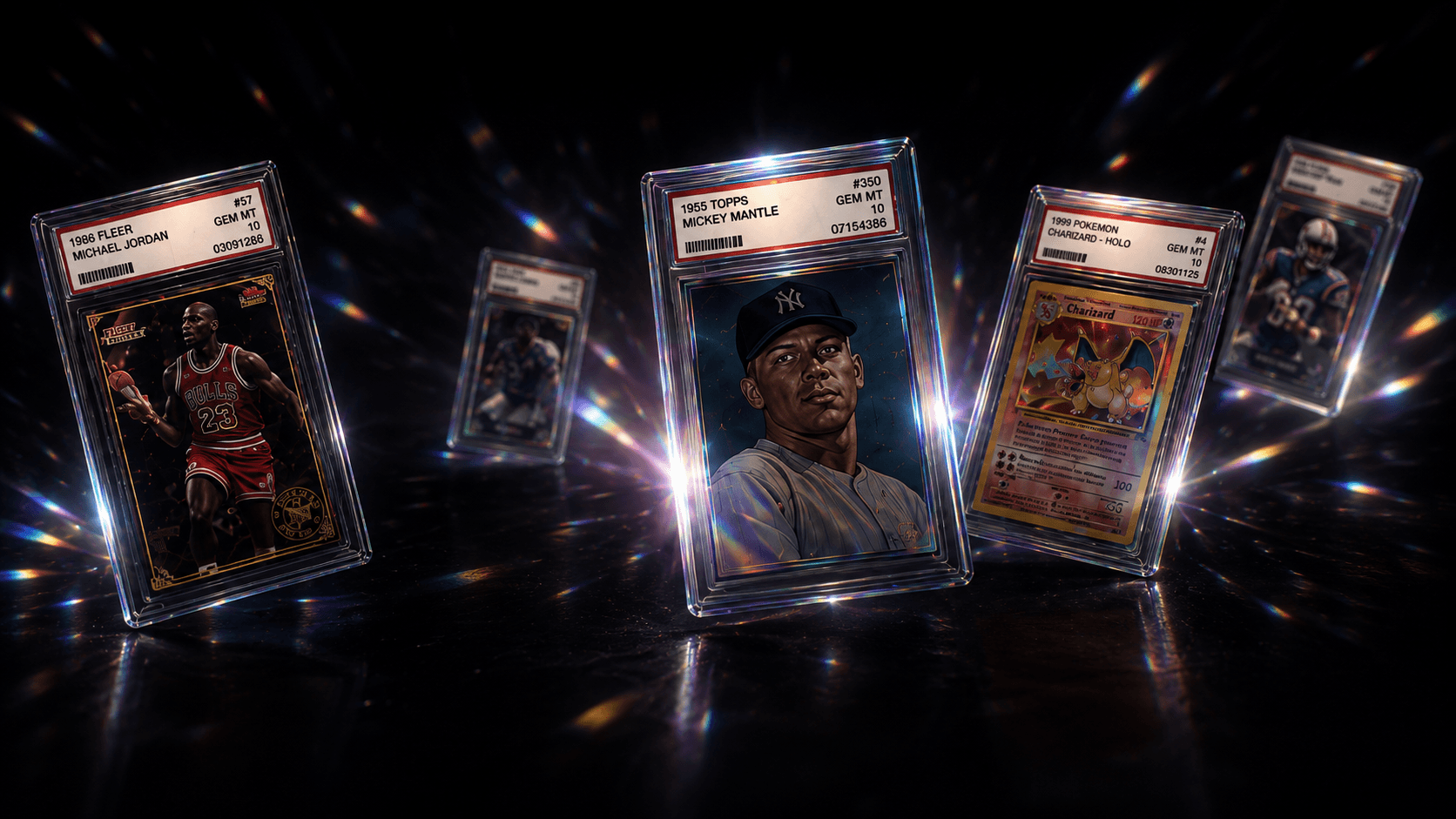 Graded trading cards including a 1986 Fleer Michael Jordan, 1955 Topps Mickey Mantle, and a 1999 Pokemon Charizard holo